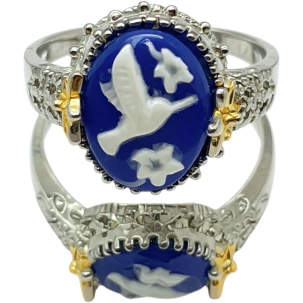 Ring Womens Silver Tone Blue White Cameo‎ Bird Floral Fashion Jewelry Size 9
